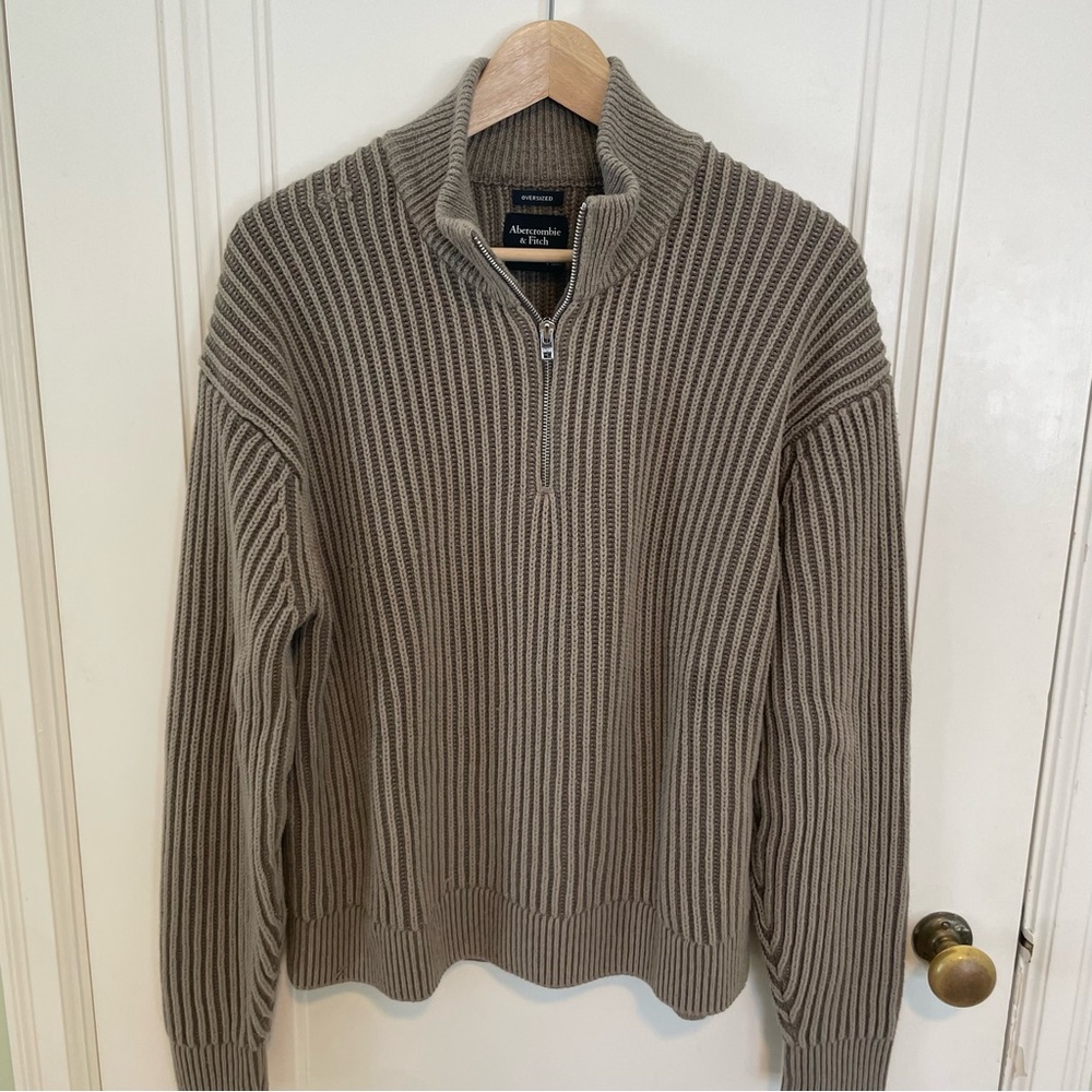 Abercrombie & Fitch Men's Taupe Quarter Zip Knit Oversized Sweater Sz S - Picture 3 of 7
